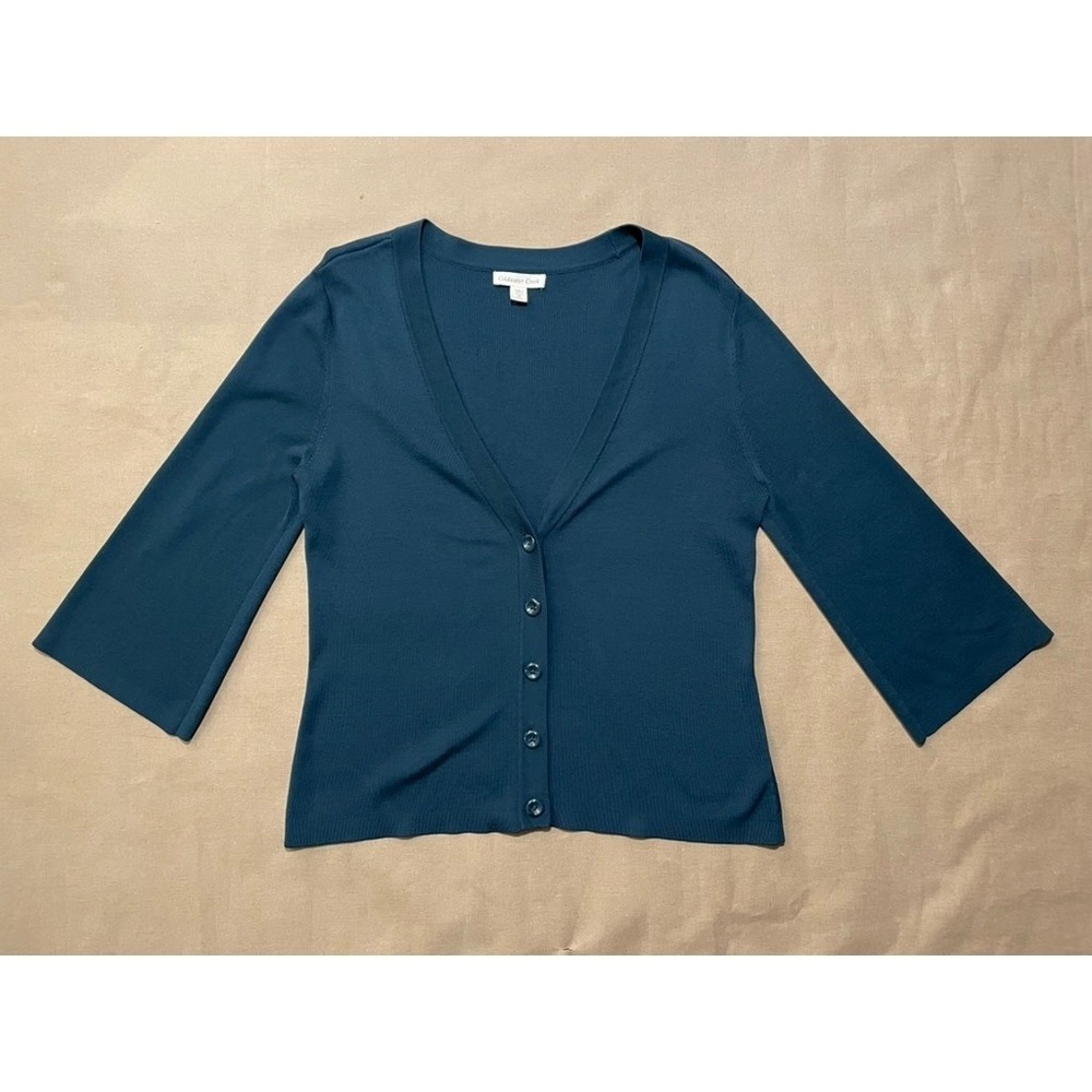 Coldwater Creek Silk Blend Cardigan Sweater Sz M Midnight Blue Bell Sleeves